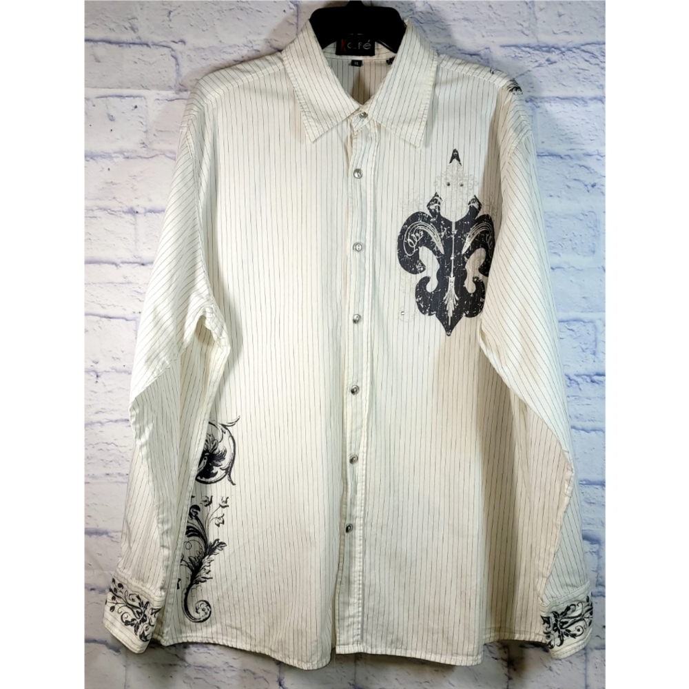 Kafe Shirt Men XL Pin Stripe Button Down Cross Y2K Embroidery Western Goth Artsy